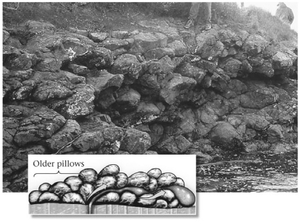 <strong>Based on your knowledge of volcanoes and volcanic products,you can say with confidence that the outcrop in the image below ________. </strong> A)formed on land at a continental hotspot B)formed underwater at a subduction zone C)formed on land at a continental rift D)formed underwater at a mid-ocean ridge