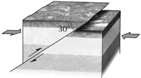 <strong>During an earthquake,if a hanging wall slides upward relative to a footwall,the fault is termed a ________ fault if the fault is shallow (much closer to horizontal than vertical).Refer to the figure below for an example of such a feature. </strong> A)normal B)reverse C)strike-slip D)thrust