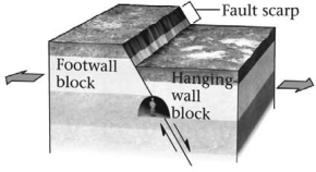 <strong>During an earthquake,if a footwall slides upward relative to a hanging wall (as shown in the figure below),the fault is termed a ________ fault. </strong> A)normal B)reverse C)strike-slip D)thrust