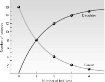 <strong>After one half-life has passed,what is the ratio of parent isotopes to daughter isotopes?  </strong> A)16:0 B)8:8 C)4:12 D)2:16 <div style=padding-top: 35px> 