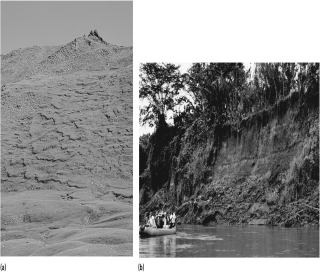 <strong>In the figure below,what about these two mass-wasting events is similar and what is different? </strong> A)Both involve water,but mass-wasting event b could not have occurred in the mountains. B)Both occur in the mountains,but mass-wasting event a moved much faster. C)Both involve water,but the water is in two different phases. D)Both occur in the mountains but at two very different elevations.