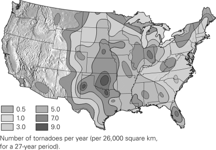 <strong>In the figure below,the area known as tornado alley forms because polar air masses frequently collide with ________. </strong> A)tropical air masses from the Gulf of Mexico B)dry air masses from the desert southwest C)moist Pacific air masses D)dry air masses descending from the Rocky Mountains