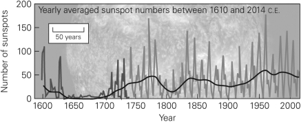 <strong>Based on the figure below,how is the solar energy reaching Earth's atmosphere likely to change in the next 10 years? </strong> A)It will rise. B)It will remain steady. C)It will fall. D)The curve is not cyclical,so no prediction can be made.
