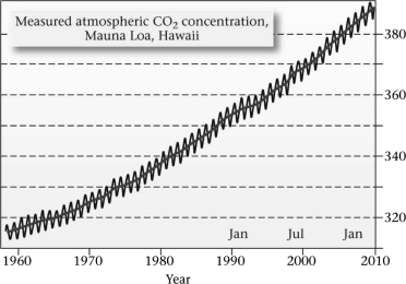 <strong>According to the figure below,how much has atmospheric carbon dioxide (CO₂)increased in parts per million (ppm)in approximately the last 50 years? </strong> A)from about 310 to 320 ppm B)from about 360 to 400 ppm C)from about 320 to 400 ppm D)from about 380 to 400 ppm