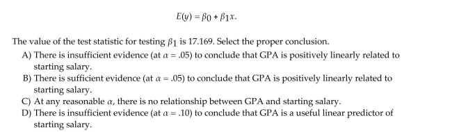 The dean of the Business School at a small Florida college wishes to determine whether the grade-point average (GPA)of a graduating student can be used to predict the graduateʹs starting Salary. More specifically, the dean wants to know whether higher GPAs lead to higher starting Salaries. Records for 23 of last yearʹs Business School graduates are selected at random, and data On GPA (x)and starting salary (y, in $thousands)for each graduate were used to fit the model