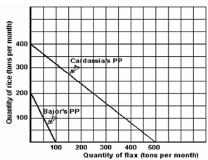 <strong>Below is a graph illustrating rice and flax production in the countries of Cardassia and Bajor.   Refer to the graph above to answer this question.Which of the following statements is true?</strong> A)Cardassia has both an absolute and a comparative advantage in the production of rice. B)Bajor has both an absolute and a comparative advantage in the production of rice. C)Cardassia has both an absolute and a comparative advantage in the production of flax. D)Bajor has both an absolute and a comparative advantage in the production of flax. <div style=padding-top: 35px> 
