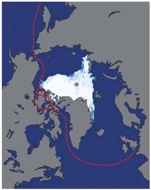 <strong>In this figure the red line shows: </strong> A) the Northwest Passage prediction for 2050. B) current consequence of climate change. C) the international trade route through the Arctic Ocean. D) the Northwest airline route from England to Japan. E) both the current consequence of climate change and the international trade route through the Arctic Ocean.