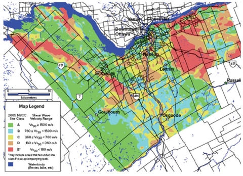In a seismic zonation map of Ottawa (Fig.4.9)the zones with high shear wave velocity (>1500 m/s)are especially problematic.