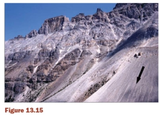 <strong>In this figure (Fig.13.15)the black arrow points to: </strong> A) stable rock material on steep slopes. B) unstable rock material on talus slopes. C) stable rock material on talus slopes. D) a stable block of cliff. E) rotational movement called topple.