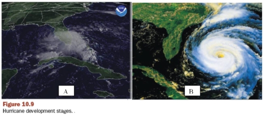 <strong>In this figure (from Figure 10.9),A represents a _____________ and B represents a _____________.  </strong> A) hurricane;tropical disturbance B) tropical depression;hurricane C) hurricane;tropical depression D) tropical disturbance;hurricane E) none of these are correct <div style=padding-top: 35px> 