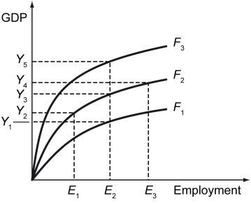<strong>The figure below shows the relationship between an economy's output and employment. Refer to the figure above.Suppose the economy is currently operating on the production function F₂ and E₂ is the level of employment in the country.If the demand curve for labor shifts to the left,________.</strong> A) employment will decrease from E₂ to E₁ B) employment will increase from E₂ to E₃ C) employment will remain unchanged at E₁ D) output will increase from Y₂ to Y₃