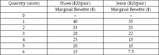 Jack has an income of $150 per month that he can spend on two goods: shoes and jeans.From the following table,estimate the bundle that maximizes Jack's well-being.