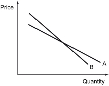 The demand curves for good A and B are depicted in the following graph.We can conclude that ________.