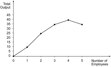 <strong>The following graph represents the total production of a firm on the y-axis, and the number of employees on the x-axis. Refer to the figure above.Marginal product of labor falls below zero when ________.</strong> A) the second worker is hired B) the third worker is hired C) the fourth worker is hired D) the fifth worker is hired