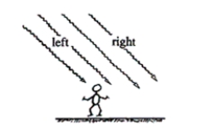 <strong>The figure below depicts the angle of rays of sunlight. Which of the following describes where the observer needs to look to see the blue light scattered by the atmosphere? </strong> A)up and to the left B)up and to the right