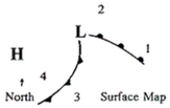 <strong>Surface Weather Map ​   ​ Refer to the above surface weather map. At which of the following positions is the warm sector located?</strong> A)1 B)2 C)3 D)4 <div style=padding-top: 35px> 
