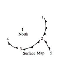 <strong>Surface Weather Map   Refer to the above surface weather map. Between which of the following points is an occluded front positioned?</strong> A)between 3 and 4 B)between 2 and 3 C)between 2 and 5 D)between 1 and 2 <div style=padding-top: 35px> 
