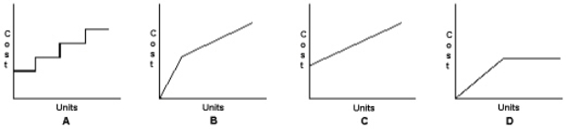<strong>Refer to the figure below. Which would be the diagram of a mixed cost?</strong> A) Graph A B) Graph B C) Graph C D) Graph D