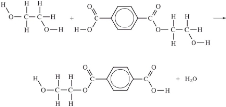 <strong>Which equation correctly shows the first step in the formation of polyethylene terephthalate (PET) by the process of condensation polymerization?</strong> A) B) C) D)