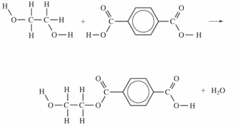 <strong>Which equation correctly shows the first step in the formation of polyethylene terephthalate (PET) by the process of condensation polymerization?</strong> A) B) C) D)