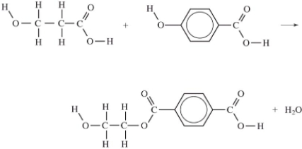 <strong>Which equation correctly shows the first step in the formation of polyethylene terephthalate (PET) by the process of condensation polymerization?</strong> A) B) C) D)