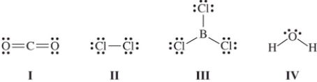 <strong>Which molecule(s) contain(s) polar covalent bonds,but is(are) nonpolar?  </strong> A)I only B)III only C)II and IV only D)I and III only <div style=padding-top: 35px> 