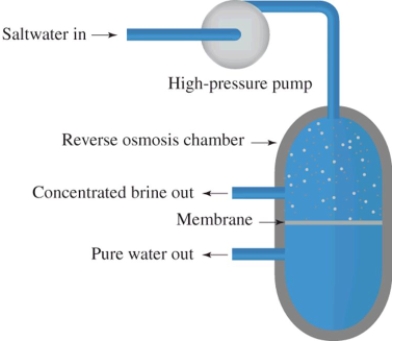 <strong>Reverse osmosis is illustrated in this diagram.What is this process used for?  </strong> A)To purify water by ion exchange B)To remove dissolved salts from sea water C)For the ozonation of water supplies D)To add fluorine to municipal water supplies <div style=padding-top: 35px> 