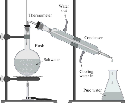 <strong>The drawing shows a simple way of purifying salt water.What is this process called?  </strong> A)Filtration B)Distillation C)Ozonation D)Chlorination <div style=padding-top: 35px> 