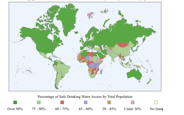 <strong>The world map shows the availability of safe drinking water around the world.Which statement is true?  </strong> A)In Australia,less than 75 percent of the population has access to safe drinking water B)In most of Africa,more than 90 percent of the population has access to clean water C)In Europe and Russia,more than 10 percent of the population does not have access to clean water D)In the United States and Canada,more than 90 percent of the population has access to clean water <div style=padding-top: 35px> 