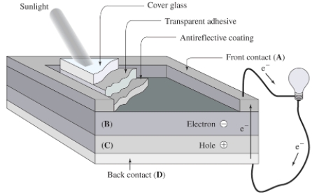 <strong>In this photovoltaic (solar) cell,the n-type semiconductor is in the region labeled </strong> A)A B)B C)C D)D