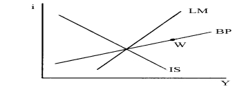 In the graph below, if point W represents the income and interest rate targets under a Country's fixed exchange rate system, then the policy combination needed to reach point W consists of