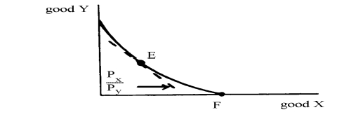<strong>(Questions 17 and 18 pertain to material in Appendix A.) Given the convex to-the-origin production-possibilities frontier (PPF): Suppose that we envision a very slight movement of production away from the equilibrium point E toward point F (with unchanged goods prices). If this movement Takes place, (P<sub>X</sub>/P<sub>Y</sub>) will be __________ (MC<sub>X</sub>/MC<sub>Y</sub>), and production will thus move __________.</strong> A) less than; back to point E B) less than; further away from point E C) greater than; back to point E D) greater than; further away from point E