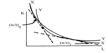 <strong>In the following diagram, At factor prices (w/r)<sub>I</sub>, good X is the __________, and, at factor prices (w/r)<sub>II</sub>, good Y is The __________.</strong> A) labor-intensive good; labor-intensive good B) labor-intensive good; capital-intensive good C) capital-intensive good; labor-intensive good D) capital-intensive good; capital-intensive good