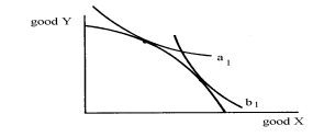 <strong>In the following graph showing indifference curves for country A (a<sub>1</sub>) and for country B (b<sub>1</sub>) in a situation where both countries have the same production-possibilities frontier, in Autarky, P<sub>X</sub>/P<sub>Y</sub> in country A is __________ P<sub>X</sub>/P<sub>Y</sub> in country B, and, if trade begins, ountry A will export good __________. </strong> A) less than; X B) less than; Y C) greater than; X D) greater than; Y