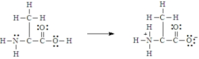 Below is the structure for the amino acid alanine. Alanine can undergo an internal acid-base reaction. In this reaction, the -NH<sub>2</sub> group functions as a base.