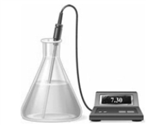 The buffer solution in the flask was prepared using one of the substances shown below. citric acid (pK<sub>a</sub> 3.08) NaH<sub>2</sub>PO<sub>4</sub> (pK<sub>a</sub> 7.21) NH<sub>4</sub>Cl (pK<sub>a</sub> 9.25) Using the pH meter and solution shown in the image below, complete the following statements using one of the terms below. increase decrease remain constant citric acid NaH<sub>2</sub>PO<sub>4</sub> NH<sub>4</sub>Cl The buffer solution in the beaker could be prepared using__________.