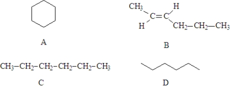 Consider the following structures.   Fill in the blanks with the appropriate letters (A,B,C,or D). Structure C is identical to Structure _____________________.<div style=padding-top: 35px> 