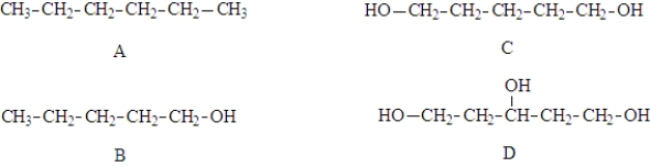 Examine the following compounds. Fill in the blanks with the appropriate letter (A,B,C,D). Structure ___________________ would be the most soluble in water.