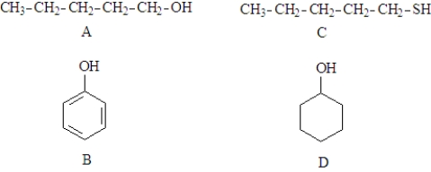 Consider the following molecules. Fill in the blanks with the appropriate letter (A,B,C,D). Structure_____________________ could be used to produce an alkene.