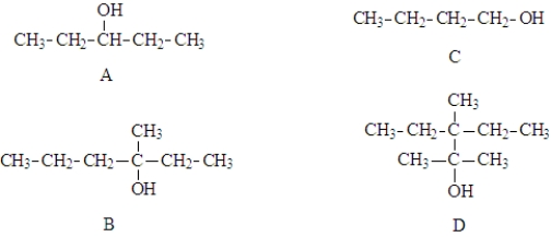Consider the following compounds. Fill in the blanks with the appropriate letter (A,B,C,D). Structure _____________________cannot be dehydrated.