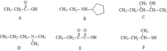 Consider the structures given below. Fill in the blanks with appropriate letter (A,B,C,D,E,F). Structure ____________________ could be a hydrogen bond donor or acceptor in water.