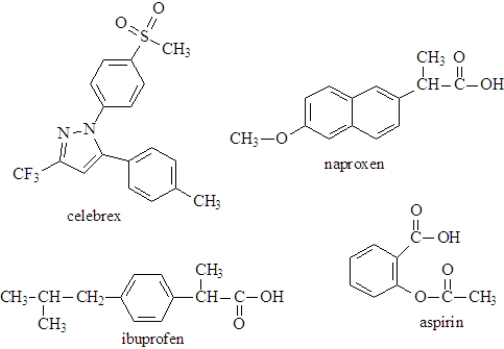 The following represent several common nonsteriodal,anti-inflammatory drugs (NSAIDs)available over the counter. Fill the blanks with the appropriate term from the list below.More than one answer may be correct. aspirin ibuprofen naproxen celebrex ___________________ has the potential to be administered as a hydrochloride salt.