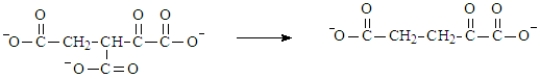 The following reaction step in a major reaction in the citric acid cycle. Based on the comparison of the structure of reactants to products, this reaction step would be classified as decarboxylation reaction.  <div style=padding-top: 35px> 