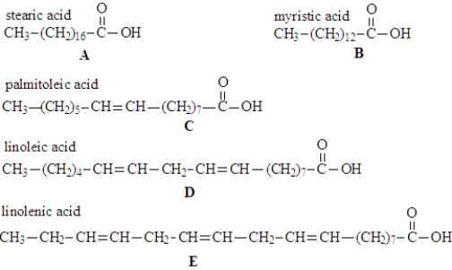Examine the fatty acids given below.The names of the acids are given above the formula and each structure given a letter designation below the structure.   Fill in the blanks with the appropriate letter (A,B,C,D,E). The omega-3 fatty acid is structure ____________________.<div style=padding-top: 35px> 