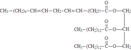 Examine the fatty acids given below.The names of the acids are given above the formula and each structure given a letter designation below the structure.   Fill in the blanks with the appropriate letter (A,B,C,D,E). To form the following triglyceride would require 1 molecule of ______________________ and 2 molecules of ______________________.  <div style=padding-top: 35px> 