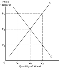 <strong>Exhibit 39-2 Refer to Exhibit 39-2.Given a target price of P<sub>1</sub>,what is the total deficiency payment made by the government?</strong> A)(P<sub>1</sub> - P<sub>2</sub>)x Q<sub>2</sub> B)(P<sub>1</sub> - P<sub>0</sub>)x Q<sub>2</sub> C)P<sub>1</sub> x Q<sub>1</sub> D)P<sub>0</sub> x Q<sub>0</sub>