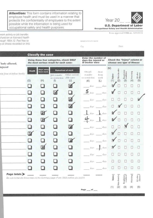 10.Examine the OSHA 300 Log and construct the OSHA 300a Summary of Work-Related Injuries and Illnesses on the form provided.Assume that this firm has 200 employees and all employees worked for the entire year.Calculate the LWDI.