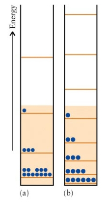 The energy levels of two particle in a box systems are given below: Which molecule,N<sub>2</sub>,or F<sub>2</sub>,is better represented by (b)?