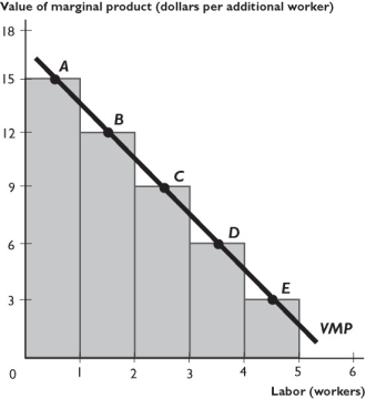 The figure above shows a firm's VMP curve. -Suppose that new technology raises the workers' marginal product.As a result,