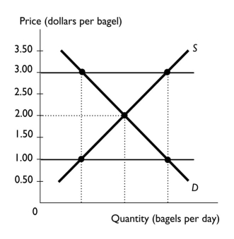 <strong> The figure above illustrates the bagel market.Which of the following statements is correct?</strong> A) With a price ceiling of $1.00 per bagel, the quantity demanded is equal to the quantity supplied. B) With a price ceiling of $3.00 per bagel, the quantity demanded is greater than the quantity supplied. C) With a price ceiling of $1.00 per bagel, there is a shortage of bagels. D) Answers A and B are correct. E) Answers B and C are correct.